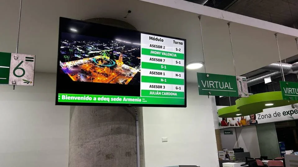 Large format hanging monitor clearly showing service modules, current tickets, and available agent names